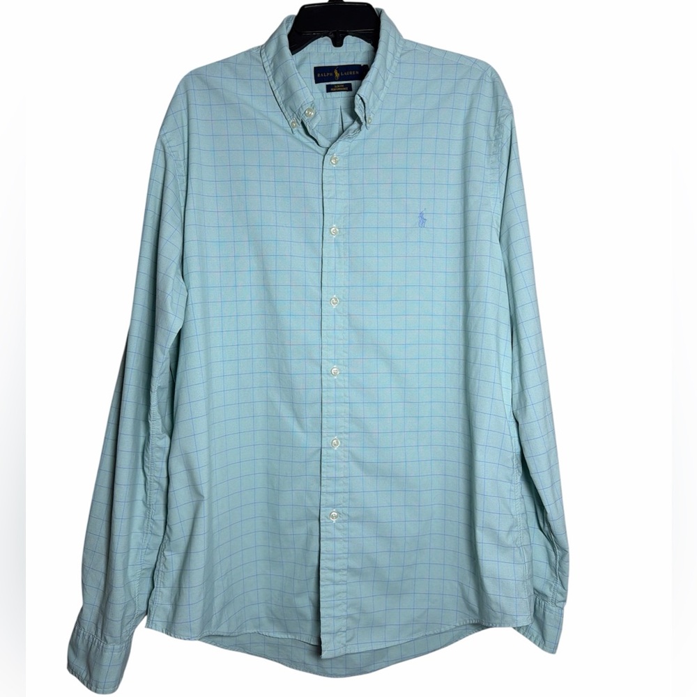Ralph Lauren Slim Fit Performance Windowpane Plaid Long Button Down Aqua Blue XL